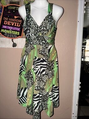 Green Animal Print V-Neck A-Line Dress silky size small